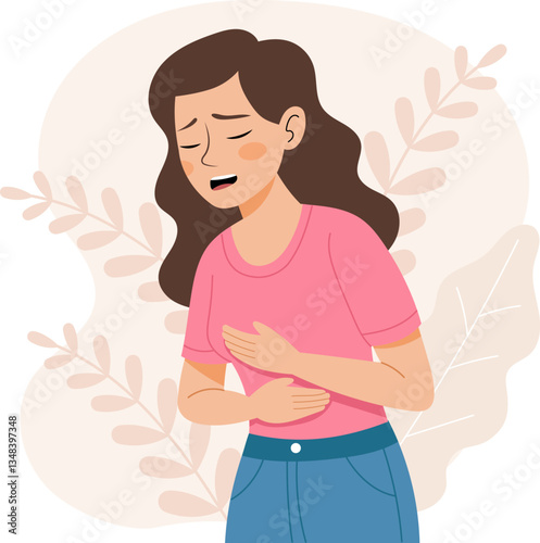 Illustration of a woman holding her stomach in a painful gesture. Stomach ache, cramps, or digestive problems.