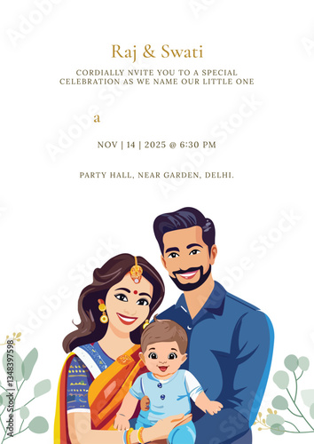 indian traditional naming ceremony or cradle ceremony cute baby invitation ready print vector template event design