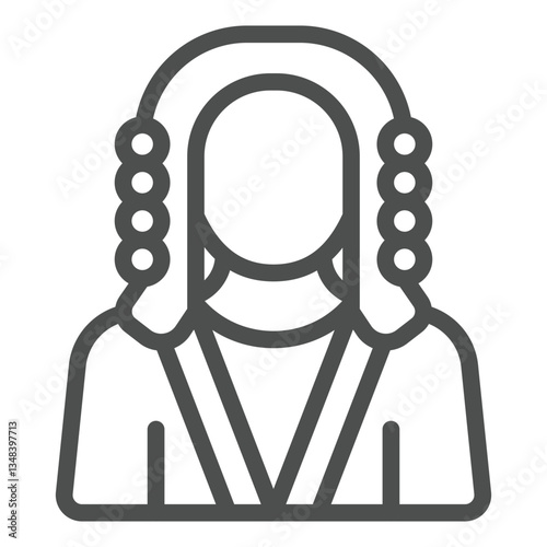 Judge man in gown and wig line icon, jurisprudence concept. Vector graphics. Court president sign on white background, outline style icon for mobile or web design.