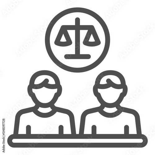 Opponents men at dialog table with scales line icon, justice concept. Vector graphics. Two human, man and weight scales sign on white background, outline style icon for mobile or web design.