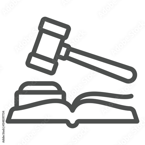Judge hammer with book line icon, jurisprudence concept. Vector graphics. Judgement wooden tool sign on white background, outline style icon for mobile or web design.
