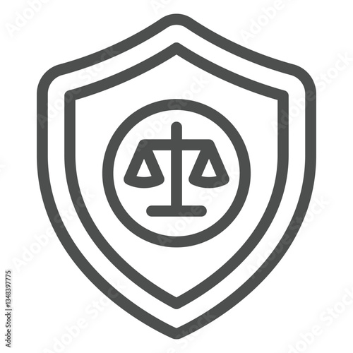 Libra scales on safety emblem line icon, jurisprudence concept. Vector graphics. Weight scales with protection shield sign on white background, outline style icon for mobile or web design.