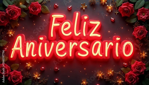 Feliz Aniversario Neon Sign with Red Roses