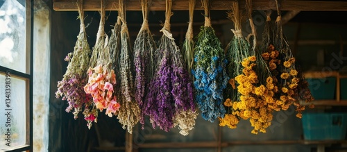 Colorful dried flower bouquets hanging in a rustic setting.