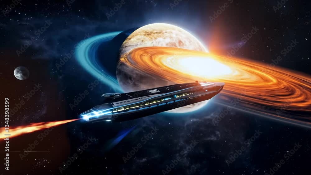 A futuristic spacecraft flying past a glowing planet with bright space trails, capturing the excitement of space travel, sci-fi exploration, and the beauty of intergalactic journeys in deep space.