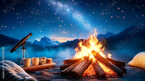 Obraz na płótnie crackling campfire under a starry night sky, set against a serene mountain backdrop. Nearby, mugs and snacks create a cozy atmosphere w salonie