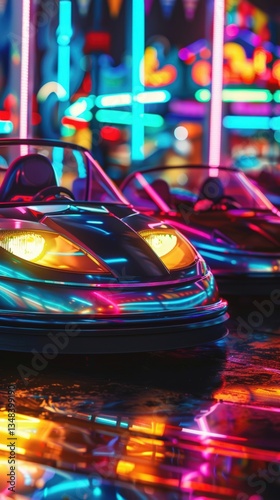 Neon Bumper Cars with Amusement Park.