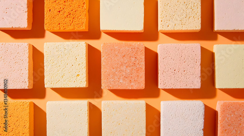 Wallpaper Mural Arrangement of Colorful Square Foam Blocks on an Orange Background with Overhead Lighting Torontodigital.ca