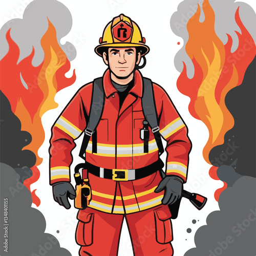 fireman, firefighter, safety, emergency, danger, man, rescue, fire, fighter, uniform, helmet, protection, background, service, red, equipment, hose, occupation, job, burn, person, work, male, hero, pr