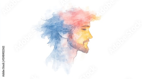 Abstract dark deconstructed person portrait sculpture in volume bust - watercolor illustration with pastel background