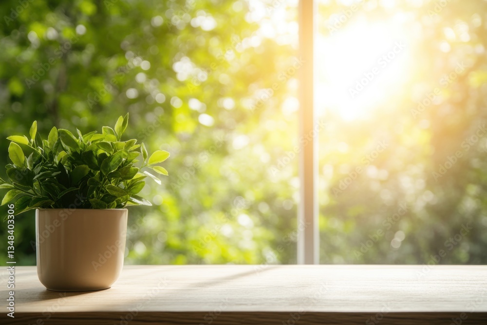 Fototapeta premium Sunlight filters through leaves, illuminating vibrant potted pla