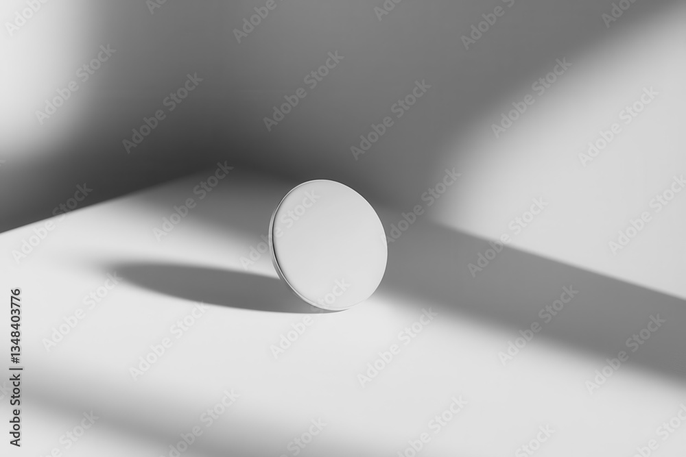 clean white enamel pin mockup floating on subtle shadow minimal studio lighting professional product presentation