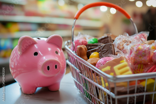 Colorful Basket of Candy and Pink Piggy Bank on a Counter in a Bright Store