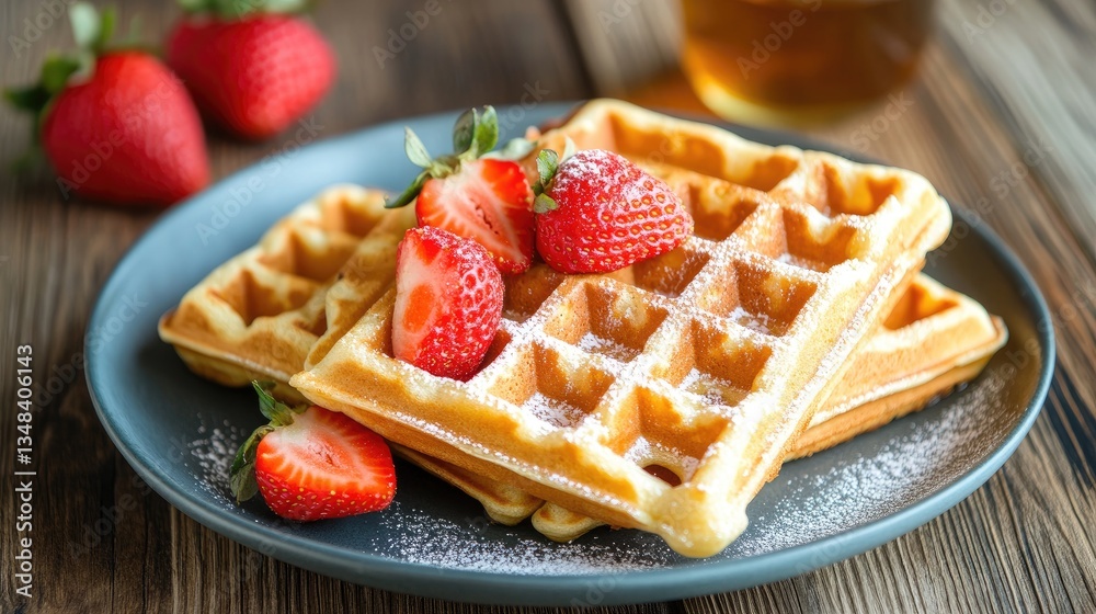 Fresh waffles topped with strawberries on a wooden table Fresh waffles topped with strawberries on a wooden table