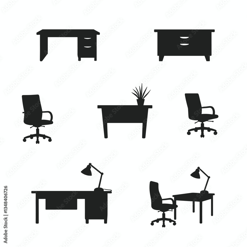 Fototapeta premium Office Furniture Silhouettes: Vector set of workspace essentials including desks, chairs, and lighting for professional design projects. Modern and minimalist.