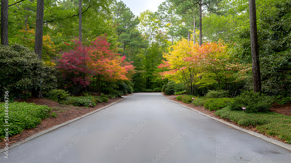 Obraz premium Pathway Leading Through Garden Lined By Colorful Trees And Green Shrubs Under Cloudy Sky