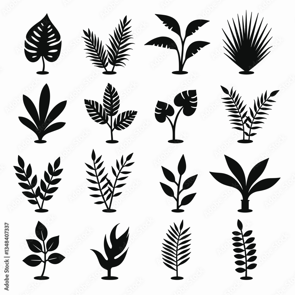 Various botanical plant designs displayed in simple black vector silhouettes against a crisp white backdrop showcasing design diversity. Various botanical plant designs displayed in simple black vector silhouettes against a crisp white backdrop showcasing design diversity.