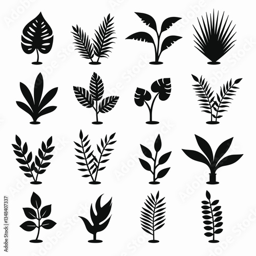 Various botanical plant designs displayed in simple black vector silhouettes against a crisp white backdrop showcasing design diversity.