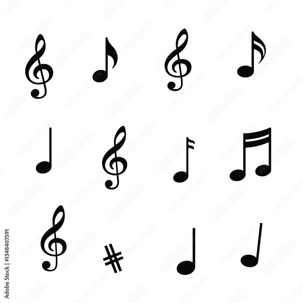 Various musical notes and symbols arranged on a white background, creating a musical score effect. Vector illustration of music. Various musical notes and symbols arranged on a white background, creating a musical score effect. Vector illustration of music.