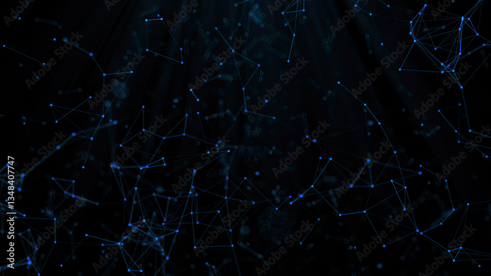 Internet of things connection science effect. Blue digital network plexus blockchain technology connecting dot network web abstract on black background