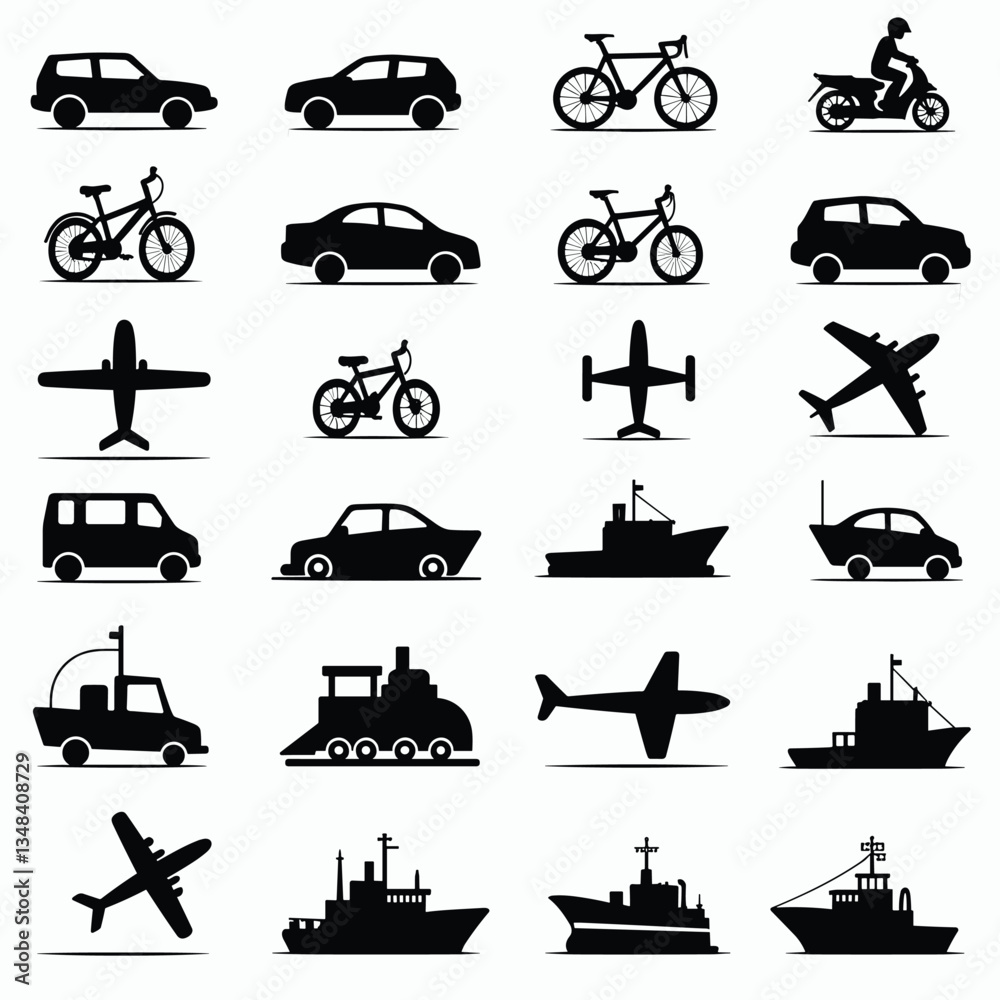 Obraz premium Transportation icons: cars, bikes, boats, planes, and more. A vector illustration of various modes of transport in simple silhouette shapes.