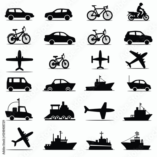 Transportation icons: cars, bikes, boats, planes, and more. A vector illustration of various modes of transport in simple silhouette shapes.
