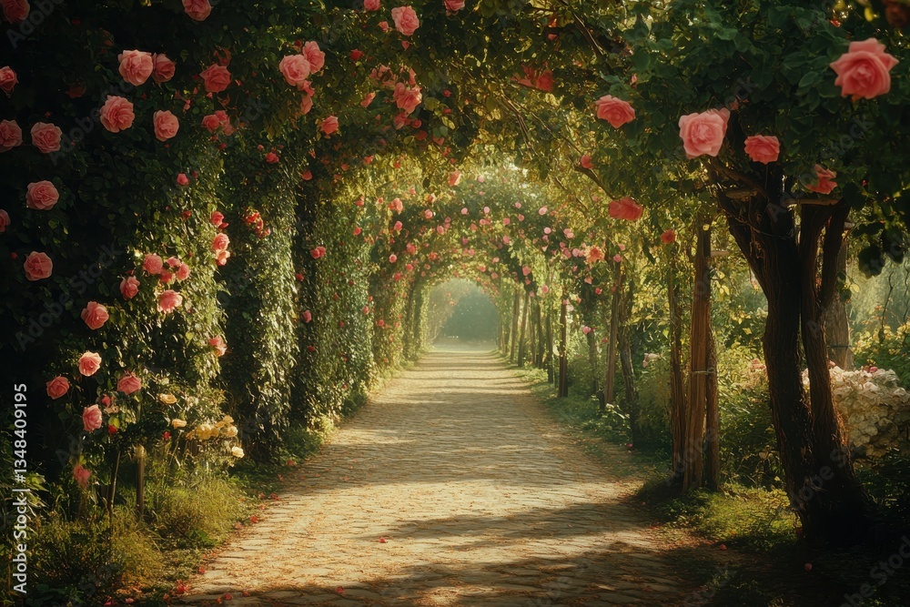 Fototapeta premium A serene pathway adorned with blooming roses in a tranquil garden at dawn