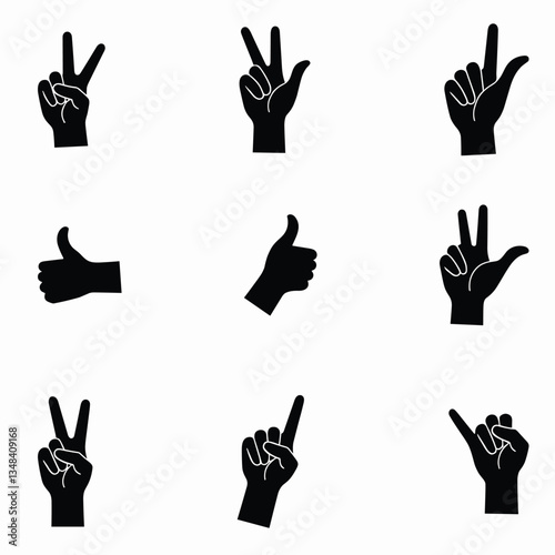 Collection of vector hands showing different gestures, isolated against a white background. Illustration with variety of hand signs.