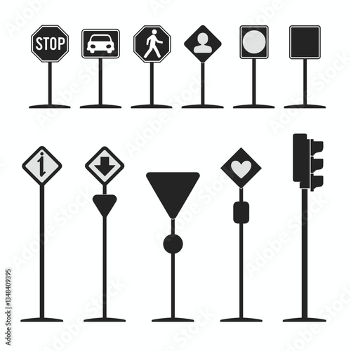 A vector illustration showcasing various traffic and street signs, each with unique symbols, arranged in a grid pattern.