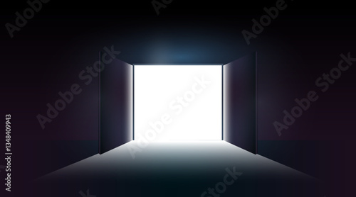 Open double door with light going through it. Dark horror room.