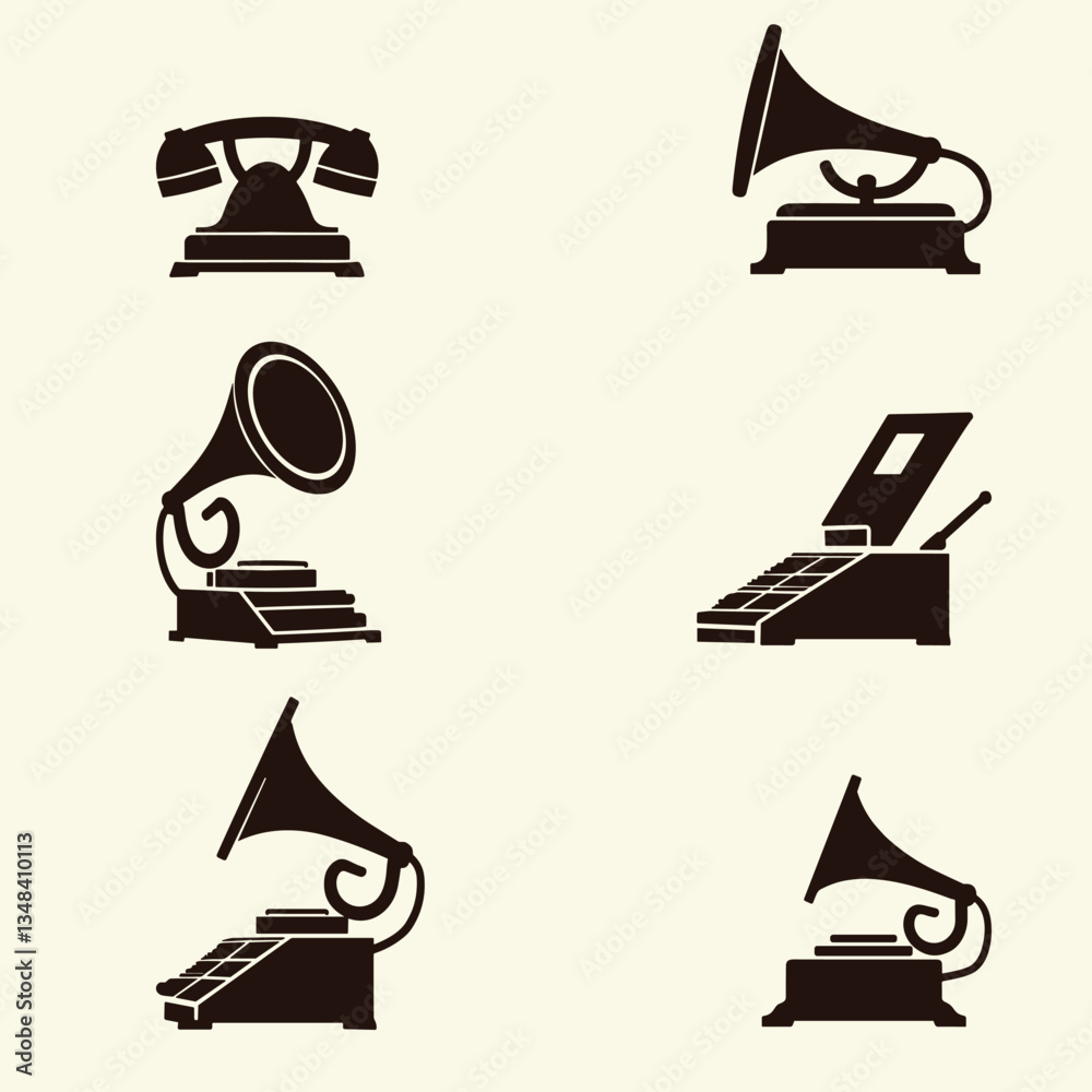 Fototapeta premium Vintage Communication and Entertainment Devices: A collection of old-fashioned gadgets, including gramophones, telephones, and music players, representing history.