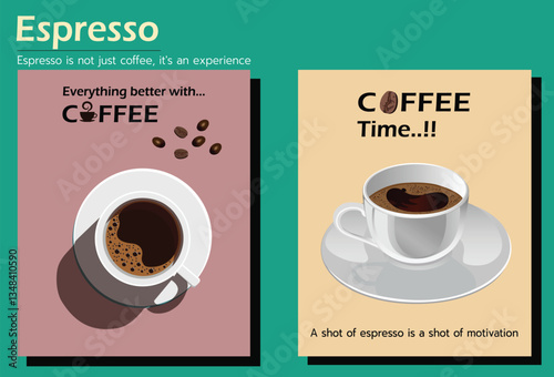 Espresso Moments. A Coffee Lover’s Poster. A stylish espresso-themed poster with inspiring coffee quotes and modern vector illustrations. Perfect for cafés, coffee lovers, and home decor.