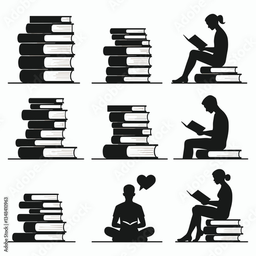 Silhouettes of people reading books, some sitting on stacks of books, others with stacks of books nearby. A heart bubble suggests love of reading.