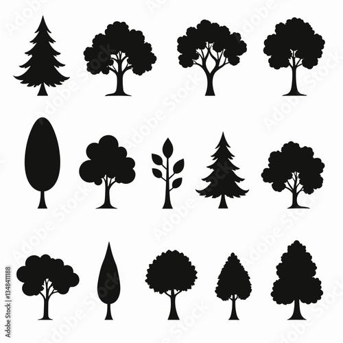 Silhouetted tree collection, various deciduous and evergreen shapes. Different tree types, from rounded to conical, creates a diverse arboreal scene.