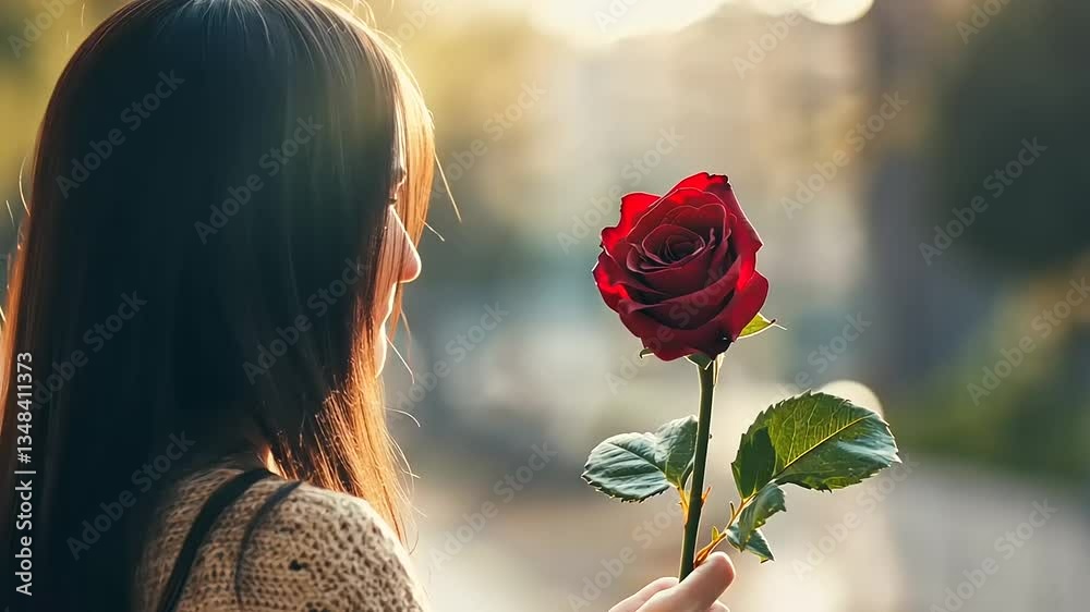 Woman Admiring a Single Red Rose at Sunset