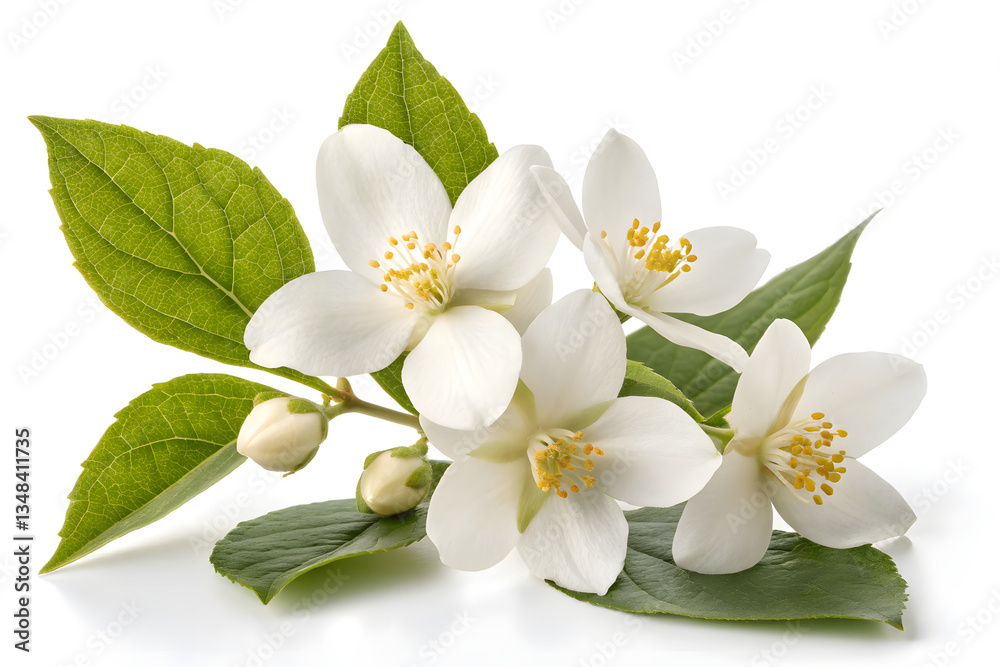 Fototapeta premium Jasmine flowers with glossy green leaves on stem against white background with copy space