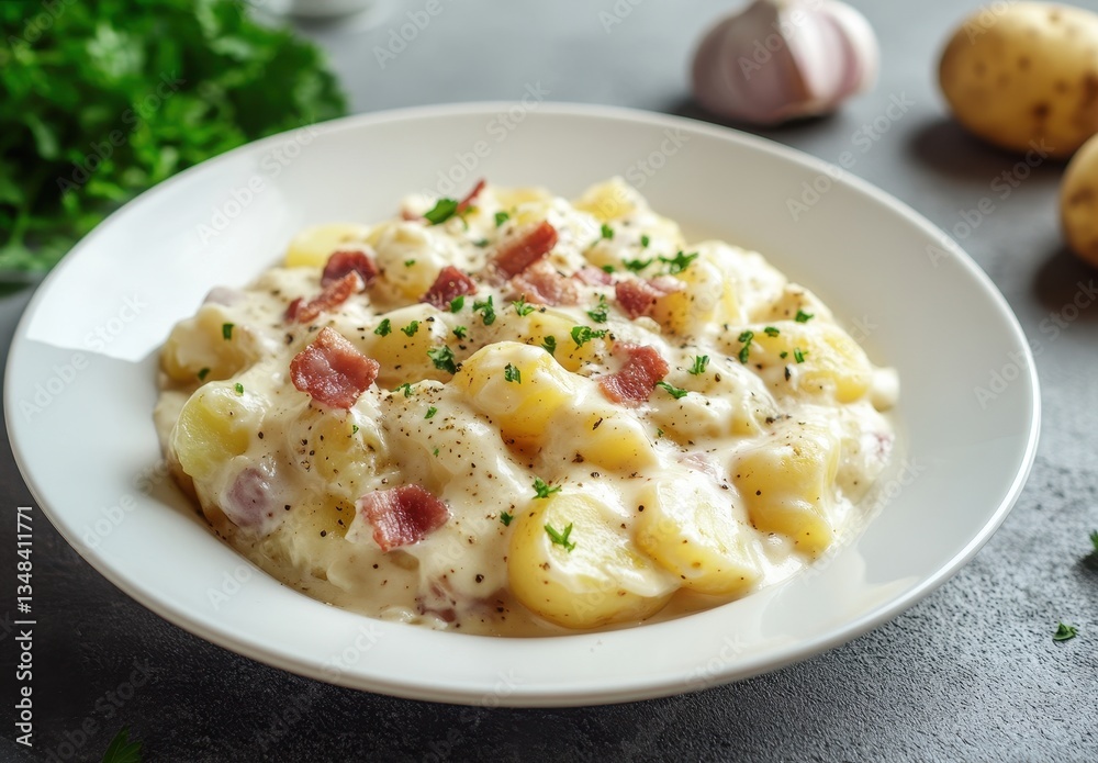 Creamy Potato Dish with Bacon Toppings and Fresh Herbs on a Gray Surface Surrounded by Garlic and Potatoes for Culinary Delight Creamy Potato Dish with Bacon Toppings and Fresh Herbs on a Gray Surface Surrounded by Garlic and Potatoes for Culinary Delight
