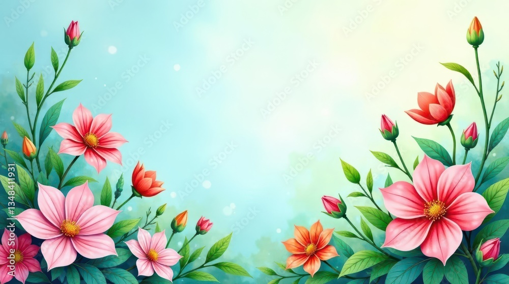 Fototapeta premium Serene Floral Composition with Delicate Pink and Coral Blossoms on Lush Green Foliage Against a Soft Blue Sky Background