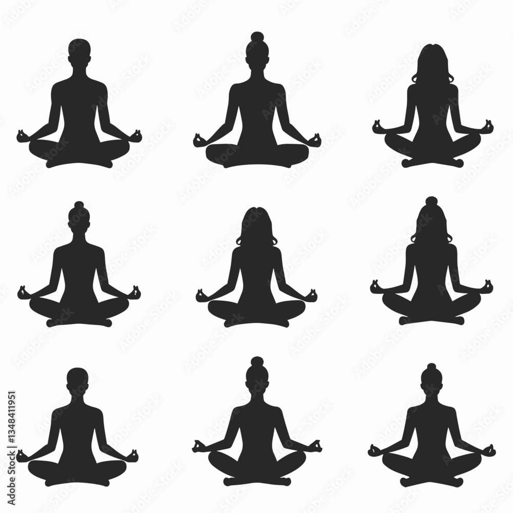 Silhouetted figures in lotus pose convey serenity. Collection of seated female icons in meditative postures against plain background evoke tranquility and wellness. Silhouetted figures in lotus pose convey serenity. Collection of seated female icons in meditative postures against plain background evoke tranquility and wellness.