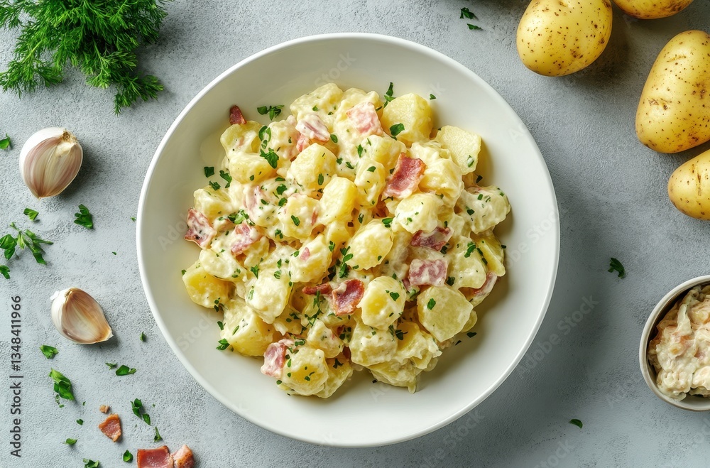 Creamy Potato Salad with Bacon, Fresh Herbs, and Garlic, Perfect for Summer Picnics and BBQ Gatherings, Easy to Make and Deliciously Flavorful Creamy Potato Salad with Bacon, Fresh Herbs, and Garlic, Perfect for Summer Picnics and BBQ Gatherings, Easy to Make and Deliciously Flavorful
