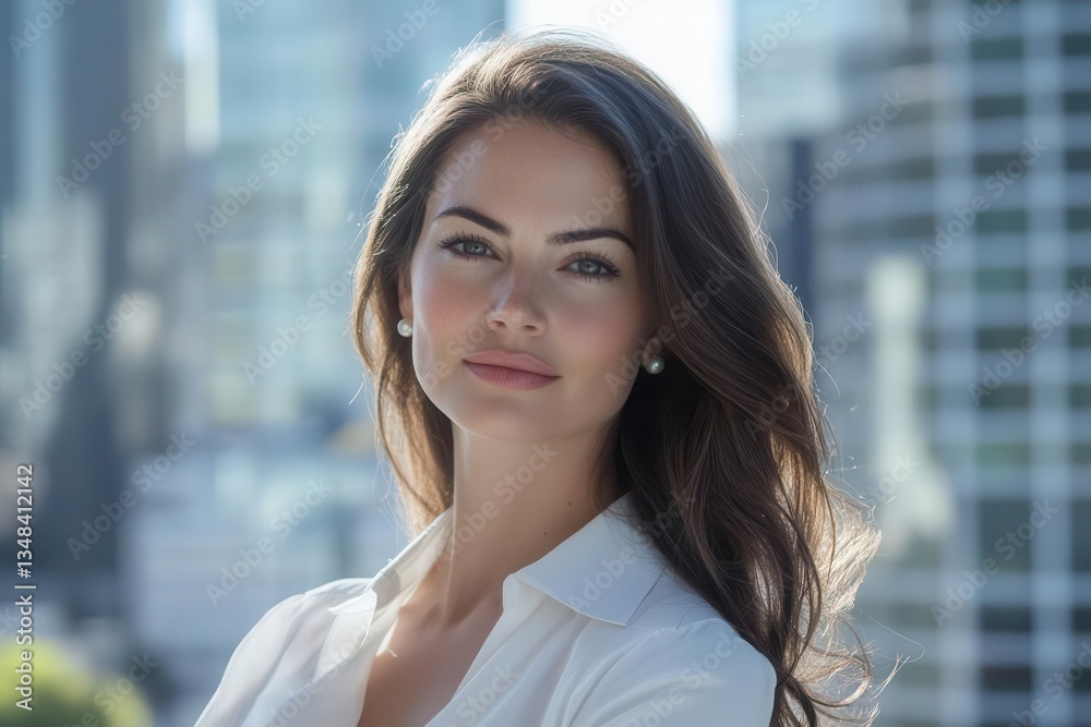 closeup of an attractive businesswoman in a white blouse and pearl earrings with a stylish cityscape softly blurred behind her exuding confidence and professionalism closeup of an attractive businesswoman in a white blouse and pearl earrings with a stylish cityscape softly blurred behind her exuding confidence and professionalism