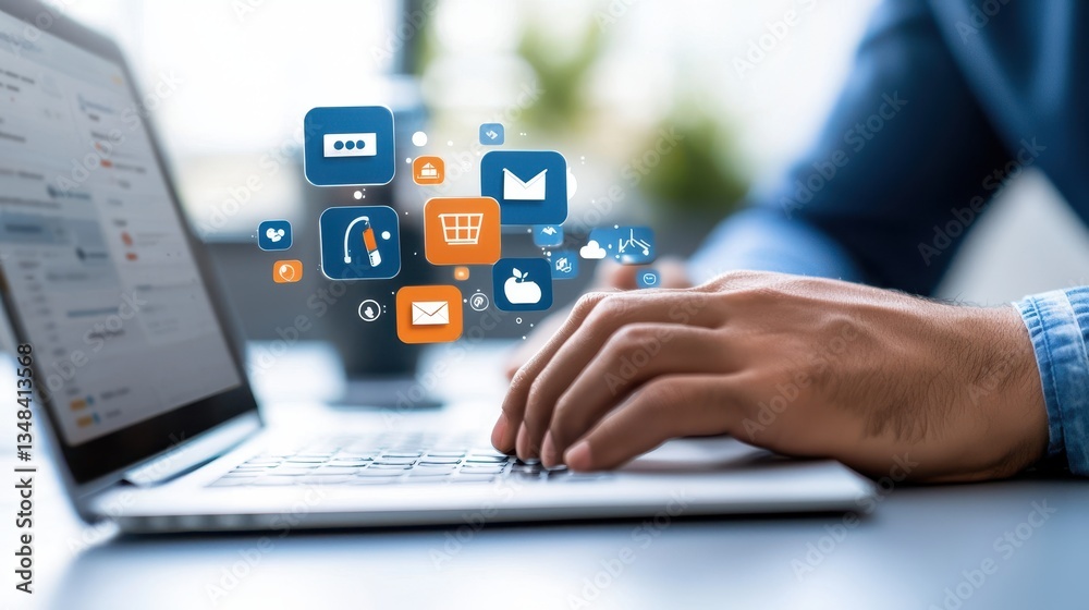 Person Using Laptop with Digital Marketing Icons Person Using Laptop with Digital Marketing Icons