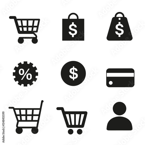 Online Shopping Icons: Carts, bags with $, credit card, discount, user icon, and dollar sign. Black silhouettes on white background. E-commerce symbols.
