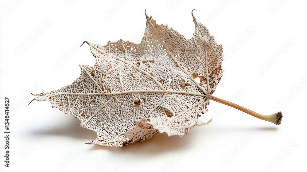 Naklejka premium Intricately Detailed Dry Maple Leaf with Lacy Texture Against White Background