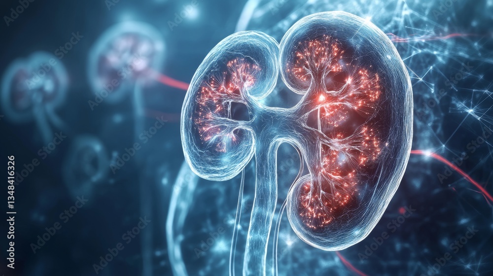 Naklejka premium Human organ. Medical anatomy. Medical science. Human kidneys anatomy structure. Kidney disease. Kidney anatomy cross section. Futuristic Medical Hologram.