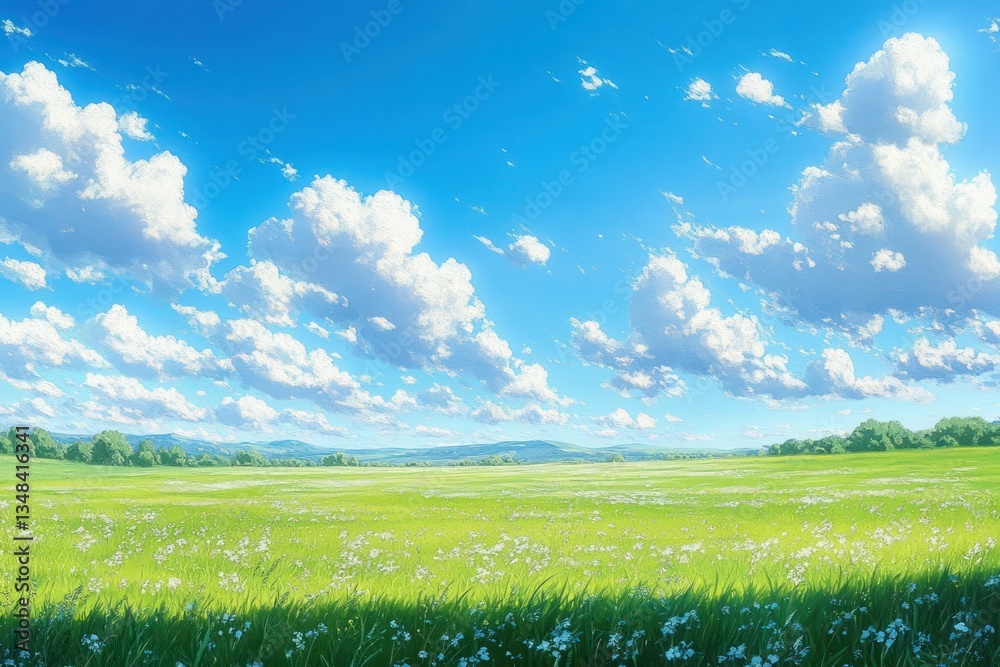 Fototapeta premium Summer Blue Sky Clouds Meadow Green Grass Animation Background