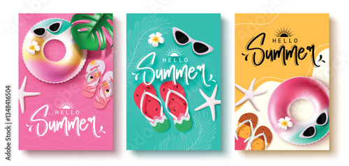 Hello summer clipart poster set. Summer greeting text clipart collection in colorful background with cute inflatable floaters, sunglasses and flipflop beach elements