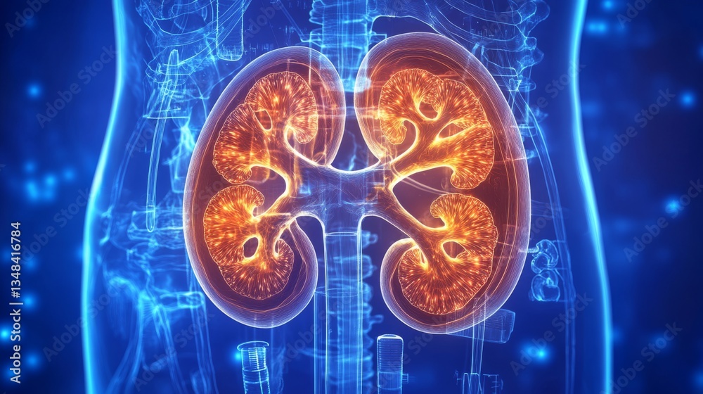Fototapeta premium Human organ. Medical anatomy. Medical science. Human kidneys anatomy structure. Kidney disease. Kidney anatomy cross section. Futuristic Medical Hologram. 