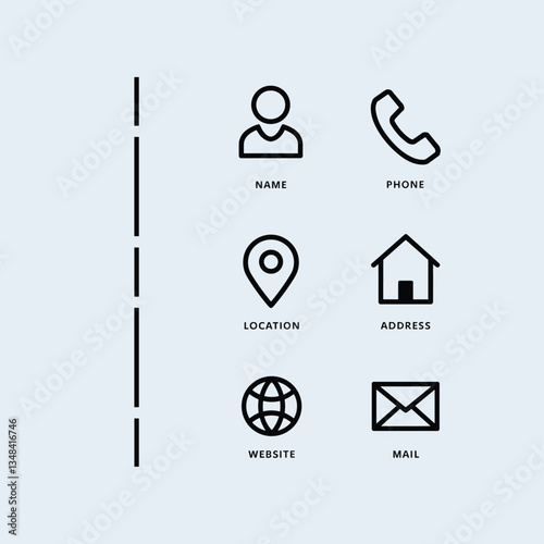 A simple graphic showcasing essential contact information icons: name, phone, location, address, website, and mail, all in a sleek and minimal design.