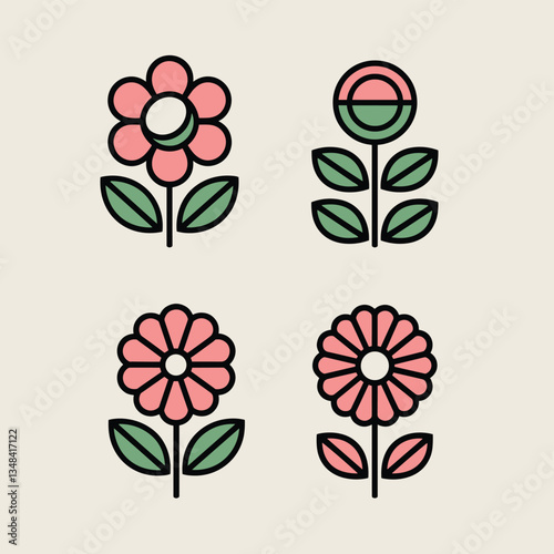 Minimalist flower icons in pink and green, featuring simple, geometric designs against a cream background. Ideal for nature-themed projects.